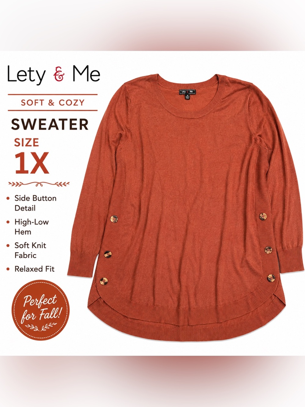 Lety & Me Rust Terracotta Button Side Sweater Size 1X Tunic Boho